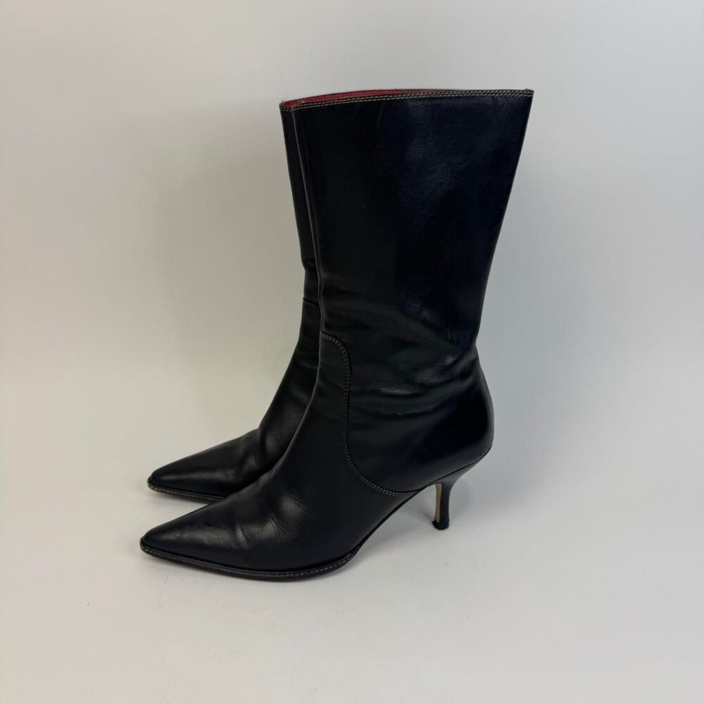Coach Vintage 90s Y2K Black Leather Pointed Toe Kitten Heel Mid Calf Boots